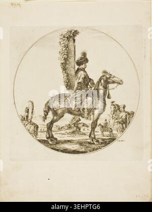 Polnischer Reiter von Stefano della Bella, um 1651, mit einem geflügelten Husaren in kunstvoller Rüstung auf einem temperamentvollen Pferd, dessen Begleiter im Hintergrund sichtbar sind Stockfoto