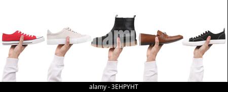 Mann mit verschiedenen Schuhen auf weißem Hintergrund, Sammlung Stockfoto