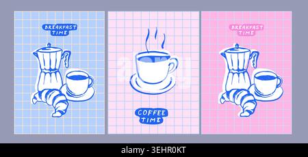 Vintage Coffee Poster Collection mit Retro-Illustrationen von Espresso-Tassen, Mokakannen, Milch und gerösteten Bohnen im minimalistischen Stil Stock Vektor
