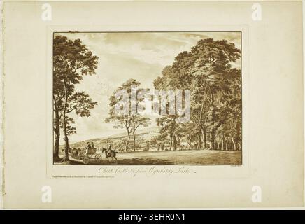 Chirk Castle und c. aus dem Wynnstay Park von Paul Sandby, 1776, mit einem weitläufigen Landsitz mit baumgesäumten Alleen und Blick auf die ferne Burg Stockfoto