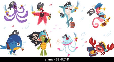 Piraten von Meerestieren. Unterwasser Tier Cartoon Piraten lustige Charaktere, unter Meer Schatz niedliche Korsair Hai Fisch Baby Krake Ozean Säugetier Maskottchen Set, klassische Vektor Illustration Original Artwork Stock Vektor