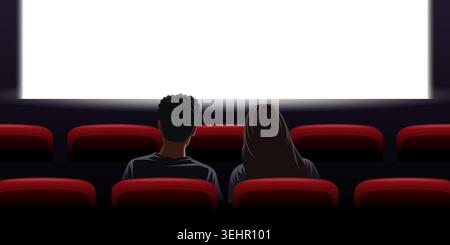 Koppeln Sie ein Kino. Mann und Frau schauen Film auf romantisches Datum in der Kinosaal, rote Stühle Sitze Reihe hinten Ansicht Leute schauen Film, Kicky Vektor Illustration Original Kunstwerk Stock Vektor