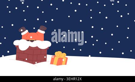 Der Weihnachtsmann im Kamin. Lustiges Weihnachtsbanner mit Geschenkbox in Schnee, Schnee und Weihnachtsmann. Cartoon-Poster mit leerem Raum, Vektor Stock Vektor