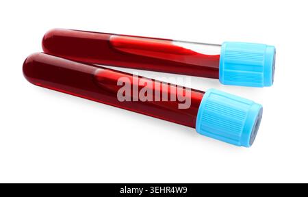 Zwei Reagenzgläser mit Blutproben isoliert auf weiß Stockfoto