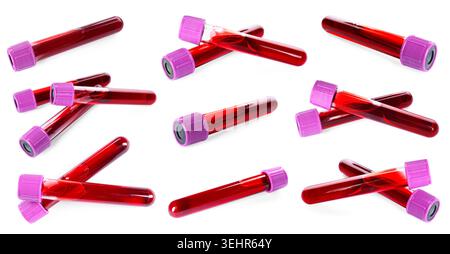 Reagenzgläser mit Blutproben isoliert auf weiß, Set Stockfoto