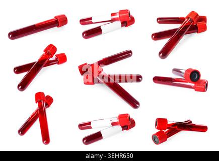Reagenzgläser mit Blutproben isoliert auf weiß, Set Stockfoto
