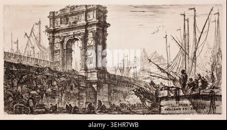 Trajan-Bogen in Ancona von Giovanni Battista Piranesi, 1748, der einen monumentalen römischen Triumphbogen mit Hafenschiffen und Figuren in einem belebten Hafen darstellt Stockfoto