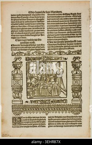 Illustration aus Coronijke van Flaendren, Platte 59 aus Holzschnitten aus Büchern des XVI Jahrhunderts von unbekanntem Künstler, 1531, eine edle oder höfische Szene mit Figuren in reichen Kleidern, die drinnen sitzen, flankiert von ornamentalen Säulen und dekorativen Borten Stockfoto