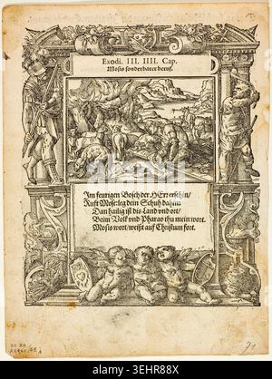 Moses and the Burning Bush (Moses and the Burning Bush) von Tobias Stimmer, 1578, in dem der Prophet Moses in der Wildnis auf die göttliche Flamme trifft, ein entscheidender Moment in der biblischen Erzählung Stockfoto