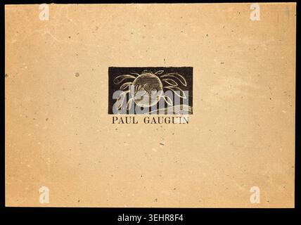 Cover für Paul Gauguin: 10 Traesnit (Pola Gauguin Portfolio) von Pola Gauguin, 1921, mit einem stilisierten Sonnenmotiv mit strahlenden Blättern in kräftigem Schwarz und Gold Stockfoto