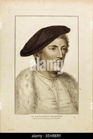 Porträt eines jungen Mannes von Francesco Bartolozzi nach Hans Holbein dem Jüngeren, 18. Januar 1799, mit einem bärtigen Mann im Profil, der eine dunkle Baskenmütze und einen Pelzmantel mit gebundenem Ausschnitt trägt Stockfoto