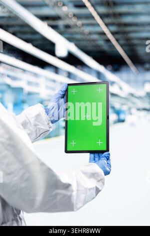 Tablet mit grünem Bildschirm, das von Hardwareentwicklern verwendet wird, die in der Fabrik für CPU-Teile arbeiten. Experte für Mikrochips-Fertigungsanlage, die Produktionslos für Silizium-Wafer mit Modellgerät verfolgen, Nahaufnahme Stockfoto