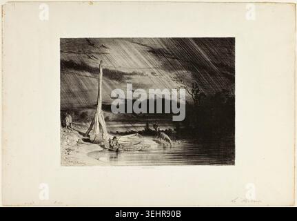 Fisherman von Charles Emile Jacque, um 1844, mit einer Einzelfigur, die Boote am mondbeleuchteten Ufer pflegt Stockfoto