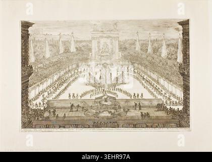 Die Eröffnungsversammlung des Reitballetts von Stefano della Bella, 1661, zeigt ein großes Festival-Spektakel im Pitti-Palast mit Hunderten von Figuren, die in formalen Mustern um ein zentrales Denkmal angeordnet sind, massive hängende Banner und mehrstufige Zuschauermengen Stockfoto