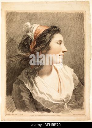 Großer weiblicher Kopf von Gilles Antoine Demarteau, dem Jüngeren nach Francois-Andre Vincent, um 1788, mit einem idealisierten Porträt einer jungen Frau im Profil mit dunklem, welligem Haar, gebunden durch ein korallenfarbenes Band und in blassem Vorhang gehüllt Stockfoto