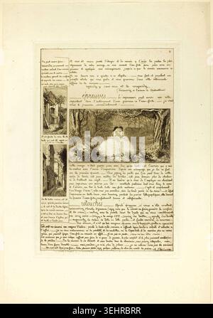 Seite vier, aus dem Brief über die Elemente des Etchings von Adolphe Martial Potémont, 1864, Instruktionsseite mit handgeschriebenem Text, architektonischen Vignetten und Waldszene mit einer Frau in weißem Kleid Stockfoto