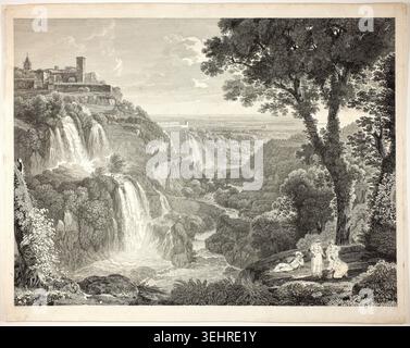 Die Hauptansicht der großen und kleinen Kaskaden am Tivoli von Friedrich Wilhelm Gmelin, n.d., zeigt italienische Wasserfälle, die durch felsige Klippen und üppige Vegetation mit einer Stadt auf einem Hügel dahinter kaskadieren Stockfoto