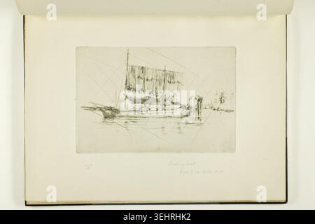 Das Fischerboot von James McNeill Whistler, 1879/80, zeigt ein vertäutes Segelschiff mit Figuren an Deck und einer fernen Küste Stockfoto