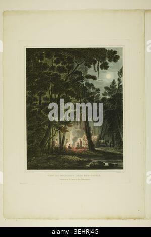 Blick bei Mondlicht, nahe Fayetteville bei John Hill nach Joshua Shaw, 1819–1821, mit einer Mondlichtung, die Figuren um ein Lagerfeuer neben einem Bach versammelt Stockfoto