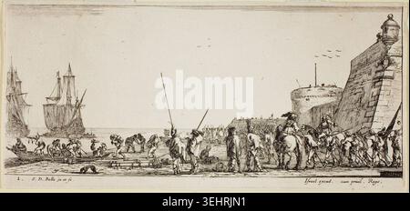 Platte zwei aus verschiedenen Botschaften von Stefano della Bella, n.d., mit Figuren, die in einem Hafen mit Schiffen und befestigten Gebäuden Schiffe besteigen Stockfoto