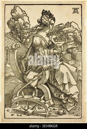 St. Katharina von Hans Baldung Grien, 1505–07, gedruckt um 1580, Darstellung des christlichen Märtyrers in einer aufwendigen Landschaft mit architektonischen Elementen, Folterrad und Gehilfen Stockfoto