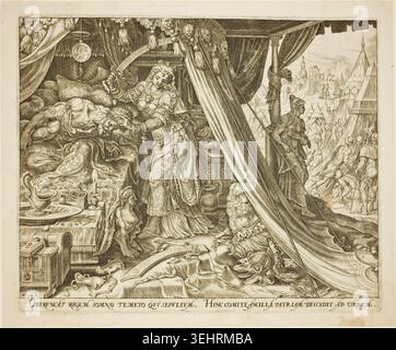 Judith tötet Holofernes, Platte sechs aus der Geschichte von Judith und Holofernes von Philips Galle, 1564, nach Maarten van Heemskerck, die die hebräische Witwe in seinem reich verzierten Zelt darstellt, in der Soldaten und eine ferne Stadtlandschaft sichtbar sind Stockfoto