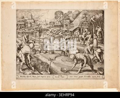 Frühling, aus den vier Jahreszeiten von Pieter van der Heyden, 1570, mit zahlreichen Figuren, die im Frühling landwirtschaftliche Arbeit und Gartenarbeit in einer befestigten Dorflandschaft verrichten Stockfoto