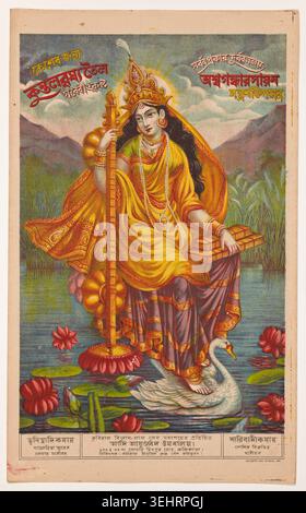 Sarasvati von Unknown Artist, 1878–80, zeigt die hinduistische Göttin des Lernens und der Musik, die auf einem Lotus in einer Wasserlandschaft sitzt und eine Vena und heilige Texte hält Stockfoto