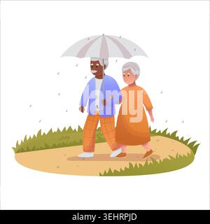 Niedliches älteres Paar, das zusammen im Regen läuft. Glückliche Senioren, die Zeit im Freien verbringen Stock Vektor