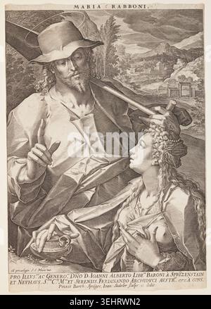 Noli me Tangere von Jan Sadeler I. nach Bartholomeus Spranger, ca. 1580–1600, in der Christus Maria Magdalena in einer Landschaft mit klassischen Ruinen und fernen Stadtbildern dargestellt wird Stockfoto