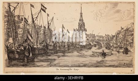 De Roowaensche Kaey von Reinier Nooms, genannt Zeeman, um 1660, zeigt einen belebten niederländischen Hafen mit Segelschiffen, Flaggen und einem Kirchturm, der über eine Steinbrücke hinausragt Stockfoto