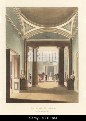 Blick auf das Innere der Statue Gallery im British Museum, Bloomsbury, London. Das neue Gebäude wurde gebaut, um die Townley Marbles, eine Sammlung von Skulpturen, die Charles Townley zusammenstellte, und andere Exemplare antiker Kunst zu beherbergen. In den Zimmern sind eine Kopie des Discobolus aus römischem Marmor und römische Reliefs zu sehen. Die 13 Wohnungen des Gebäudes enthielten griechische und römische Statuen, ägyptische Antiquitäten, Sir William Hamiltons Vasen, Rev. Cracherodes Münzen, Sir Hans Sloanes Schränke und den Elgin Marmor (März 1816). Handkolorierter Kupferstich oder Aquatint von John Papworth aus eigener Hand Stockfoto