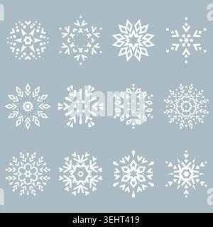 Schneeflocken-Icon-Kollektion. Grafisches, modernes blaues Ornament. Stock Vektor