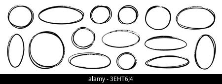 Hand Line Bleistiftbürste oval Set. Handgezeichneter Bleistiftpinsel Skizze Kreidemarker ovaler Hervorhebungsrahmen. Runder Rahmen mit Kritzelkaromuster, Kreide, Graffiti-Textur. Vektorabbildung Stock Vektor