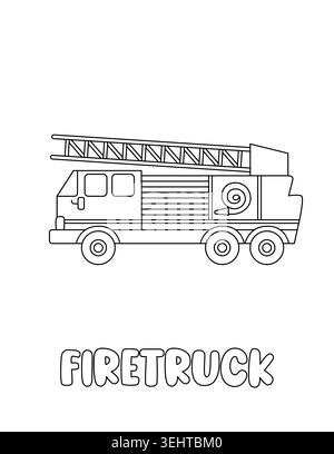Brief F. Feuerwehrauto. ABC-Ausmalseite für Kinder lernen. Schwarz-weiße handgezeichnete Feuerwehrauto Vektor-Illustration für Kinder. Niedliche Umrisszeichnung Stock Vektor