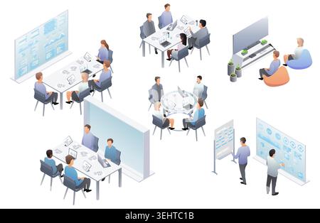 Eine Reihe isometrischer Büroszenen, in denen Geschäftsleute in Teams arbeiten, an Meetings teilnehmen und Daten analysieren. Vektorabbildung. Stock Vektor