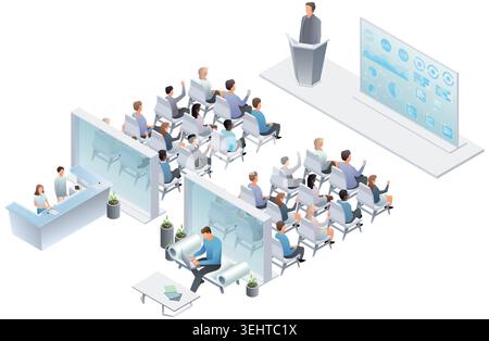 Isometrisches Layout für Firmenveranstaltungen mit Konferenzsaal mit Lautsprecherempfang und Loungebereich mit Laptop-Benutzer. Vektorabbildung. Stock Vektor