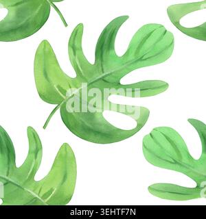 Nahtloses Muster der Monstera-Blätter. Aquarellabbildung. Handgefertigte Kunstwerke. Für Verpackungsdesign, Karten, Umschläge, Ausdrucke, Produktetiketten und Stockfoto