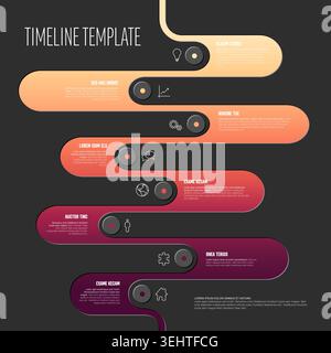 Präsentieren Sie Ihren detaillierten Geschäftsprozess mit dieser modernen Infografik-Vorlage für Zeitachsen perfekt. Diese dunkle Infografik-Vorlage für Zeitachsen enthält farbige Farben Stock Vektor