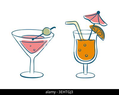 Handgezeichnete Doodle-Illustration von zwei Cocktails, einem rosafarbenen Martini mit Oliven und einem orangen tropischen Getränk mit Stroh und Regenschirm, isoliert auf weißem bac Stock Vektor