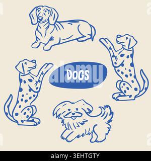 Niedliche Hundekollektion mit verschiedenen Rassen im blauen Outline-Stil Stock Vektor