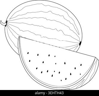 Scheibe Wassermelonenfrucht. Köstliche Sommerfrüchte und saftige Wassermelonenscheibe. Vektor-Schwarzweiß-Illustration. Ausmalseite Stock Vektor