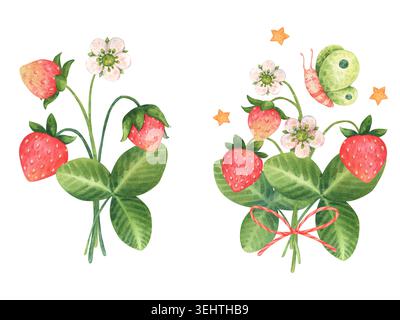 Eine Reihe von Sträußen aus Reifen wilden Erdbeerzweigen mit grünen Blättern, weißen Blüten und Schmetterlingen im Cartoon-Stil. Handgezeichnetes Aquarell Stockfoto