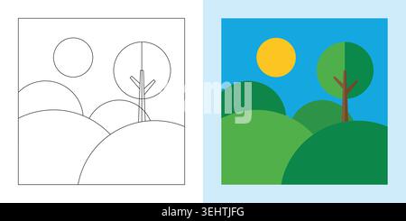 Vektor-Illustration einer einfachen Landschaft mit grünen Hügeln, einem Baum und einer Sonne in einem blauen Himmel, flacher Design-Stil Stock Vektor