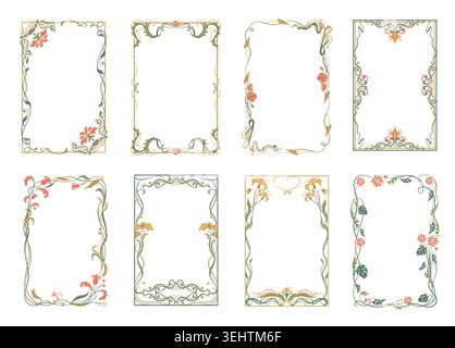 Jugendstilrahmen. Dekorative Borten, Blumenfragmente, eleganter Vintage-Stil, geschwungene Linien, Reben und Blumen, organische botanische Motive für Poster Stock Vektor