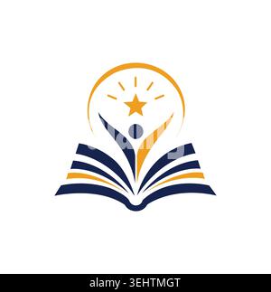Emblem für die berufliche Bildung, das einen erfolgreichen Schüler zeigt, der aus einem Buch springt. Stock Vektor