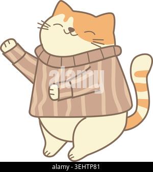 Eine lustige Katze, die mit sich selbst streitet, humorvolle Szene, schrulliger Ausdruck, Illustration, flacher Stil, PNG Stockfoto