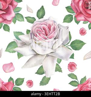 Weiße Blumen und grüne Eukalyptusblätter Aquarellabbildung isoliert auf transparentem Hintergrund. Cremige Rosen Blumensträuße, Hochzeitsfloralen Stockfoto