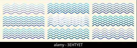 Blaue Gradienten Ozean Wellenlinien Grenzen Vektor-Set, parallele ruhige Meerwasserwellen für Sommer Strand und Spa Designs Stock Vektor