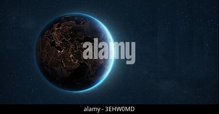 Planet Erde aus dem Weltraum bei Nacht mit leuchtenden goldenen Stadtlichtern und Ländergrenzen, die Europa, Afrika und Asien zeigen, umgeben von tiefblauen Sternen Stockfoto
